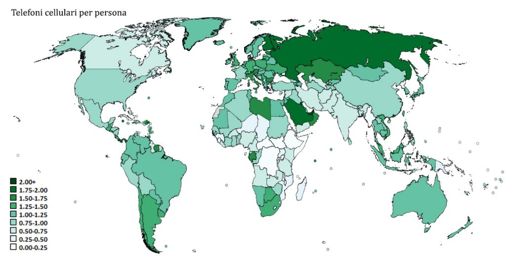 Mappa mondiale telefoni cellulari per persona