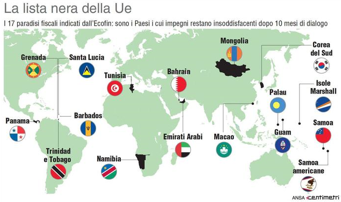 Mappa con bandiere dei paradisi fiscali