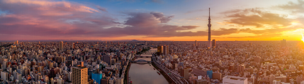 Vista panoramica della città di Tokyo. Tokyo Skytree, Tempio Senso-Ji con il fiume Sumida.